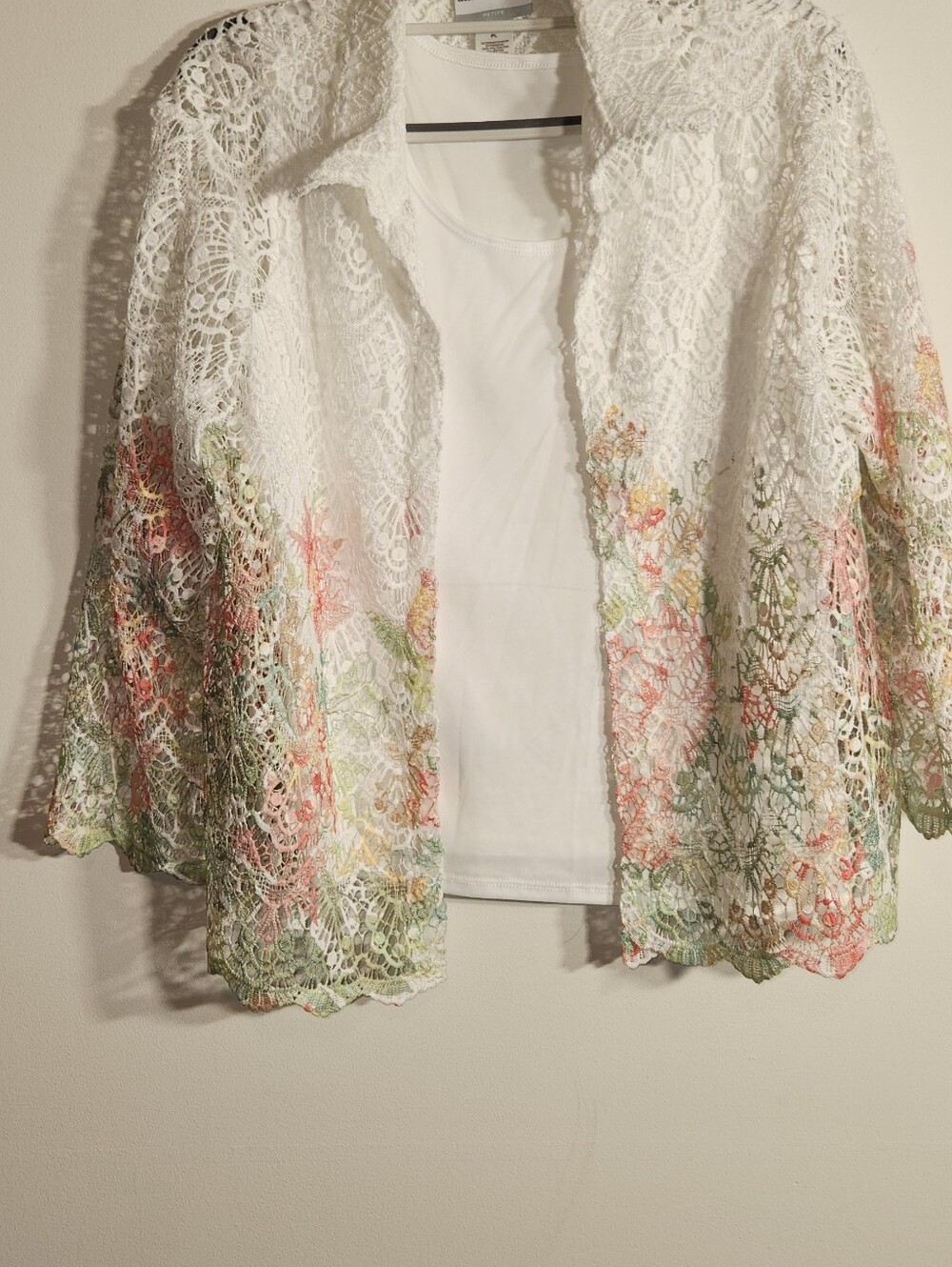 Alfred Dunner White Crochet Lace Open Front Cardigan W/TankTop. Size PL